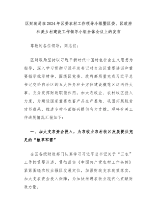 区财政局在2024年区委农村工作领导小组暨区委、区政府和美乡村建设工作领导小组全体会议上的发言