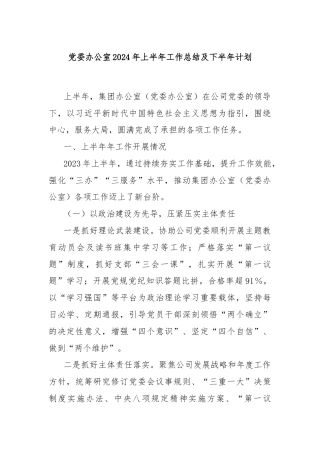 党委办公室2024年上半年工作总结及下半年计划