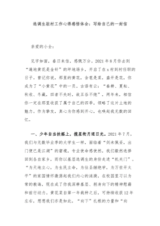 选调生驻村工作心得感悟体会：写给自己的一封信