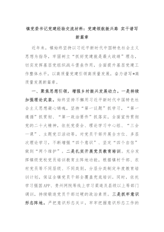 镇党委书记党建经验交流材料：党建领航振兴路 实干谱写新篇章