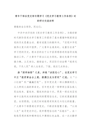 青年干部在党支部专题学习《党史学习教育工作条例》时的研讨交流材料