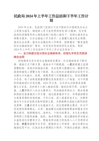 民政局2024年上半年工作总结和下半年工作计划