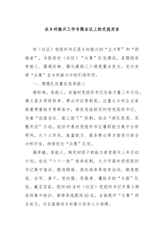 在乡村振兴工作专题会议上的交流发言