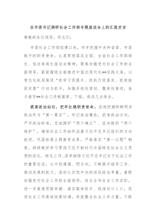 在市委书记调研社会工作部专题座谈会上的汇报发言