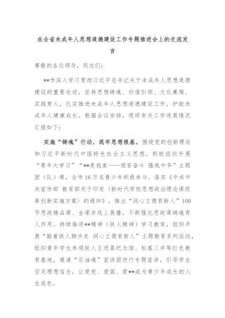 在全省未成年人思想道德建设工作专题推进会上的交流发言