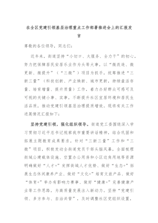 在全区党建引领基层治理重点工作部署推进会上的汇报发言