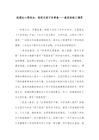 选调生心得体会：我将无我不负青春——基层体验三境界