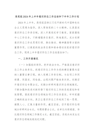 局党组2024年上半年意识形态工作总结和下半年工作计划