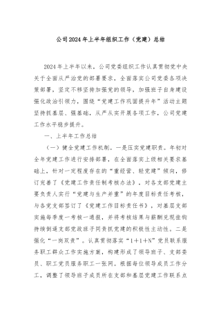 公司2024年上半年组织工作（党建）总结