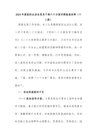 2024年度组织生活会党员干部六个方面对照检查材料