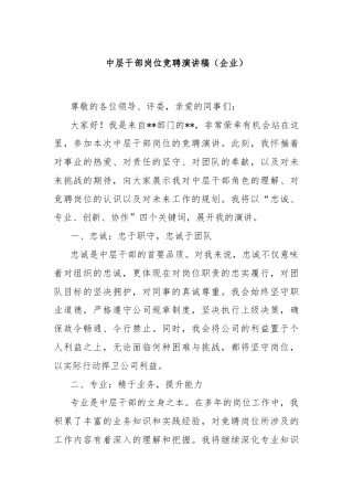 中层干部岗位竞聘演讲稿（企业）