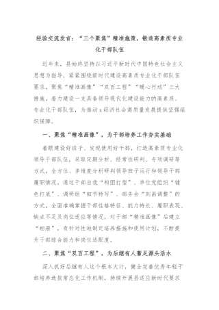 经验交流发言：“三个聚焦”精准施策，锻造高素质专业化干部队伍