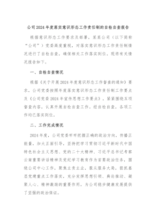 公司2024年度落实意识形态工作责任制的自检自查报告