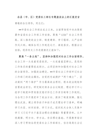 在县（市、区）党委社工部长专题座谈会上的汇报发言
