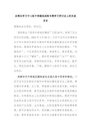 在理论学习中心组中部崛起战略专题学习研讨会上的交流发言
