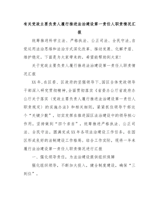 有关党政主要负责人履行推进法治建设第一责任人职责情况汇报