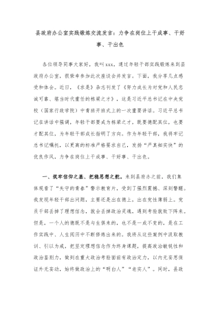 县政府办公室实践锻炼交流发言：力争在岗位上干成事、干好事、干出色