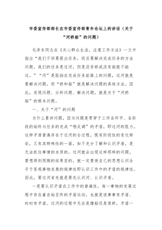 市委宣传部部长在市委宣传部青年论坛上的讲话（关于“河桥船”的问题）