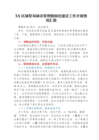 XX区城管局城市管理精细化建设工作开展情况汇报