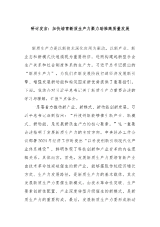 研讨发言：加快培育新质生产力聚力助推高质量发展