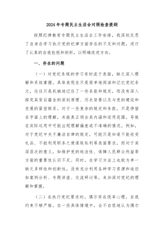 2024年专题民主生活会对照检查提纲