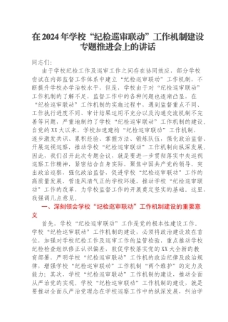 在2024年学校“纪检巡审联动”工作机制建设专题推进会上的讲话