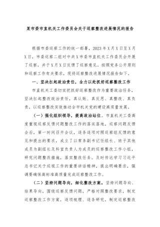 某市委市直机关工作委员会关于巡察整改进展情况的报告