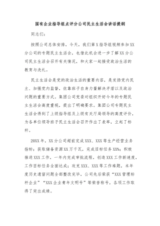 国有企业指导组点评分公司民主生活会讲话提纲