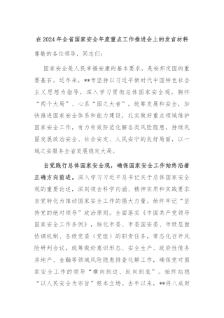 在2024年全省国家安全年度重点工作推进会上的发言材料