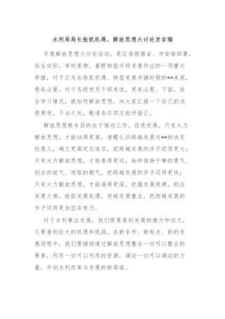 水利局局长抢抓机遇，解放思想大讨论发言稿