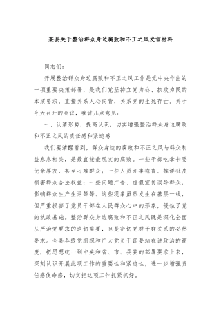 某县关于整治群众身边腐败和不正之风发言材料