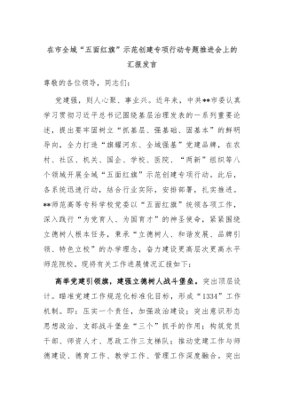 在市全域“五面红旗”示范创建专项行动专题推进会上的汇报发言