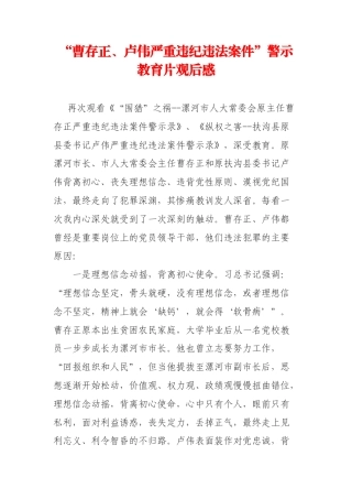 “曹存正、卢伟严重违纪违法案件”警示教育片观后感