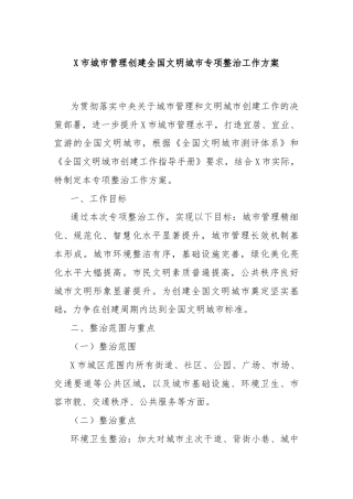 X市城市管理创建全国文明城市专项整治工作方案