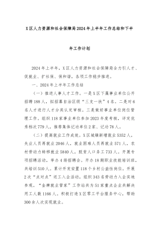 X区人力资源和社会保障局2024年上半年工作总结和下半年工作计划