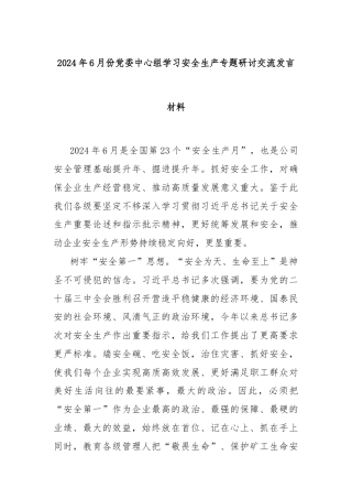 2024年6月份党委中心组学习安全生产专题研讨交流发言材料