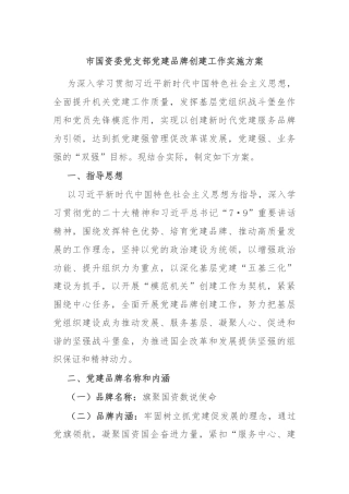 市国资委党支部党建品牌创建工作实施方案