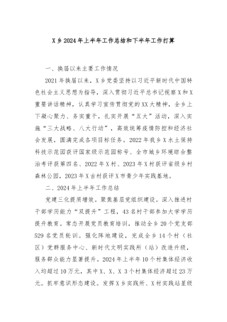 X乡2024年上半年工作总结和下半年工作打算