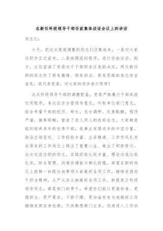 在新任科级领导干部任前集体谈话会议上的讲话