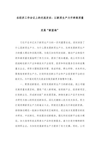 在经济工作会议上的交流发言：以新质生产力开辟高质量发展“新蓝海”