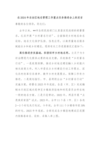 在2024年自治区地名管理工作重点任务推进会上的发言
