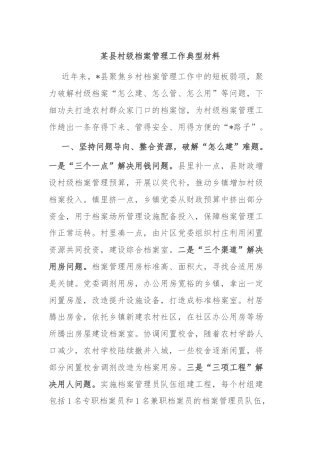 某县村级档案管理工作典型材料