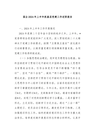 国企2024年上半年抓基层党建工作述职报告