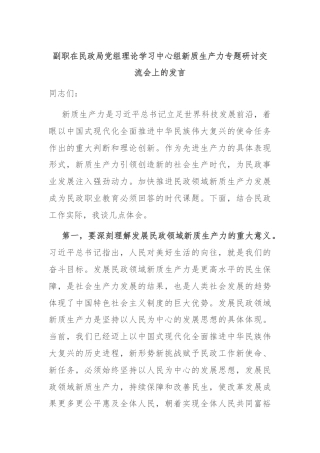 副职在民政局党组理论学习中心组新质生产力专题研讨交流会上的发言