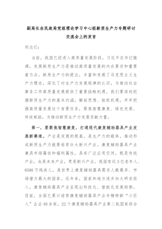 副局长在民政局党组理论学习中心组新质生产力专题研讨交流会上的发言