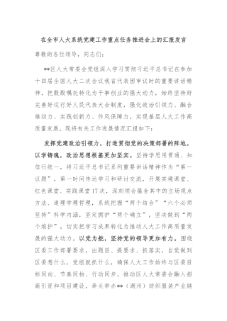 在全市人大系统党建工作重点任务推进会上的汇报发言
