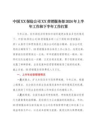 中国XX保险公司XX营销服务部2024年上半年工作和下半年工作打算