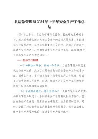 县应急管理局2024年上半年安全生产工作总结
