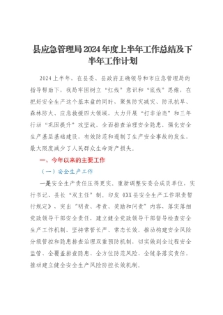 县应急管理局2024年度上半年工作总结及下半年工作计划