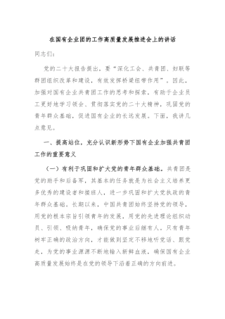 在国有企业团的工作高质量发展推进会上的讲话